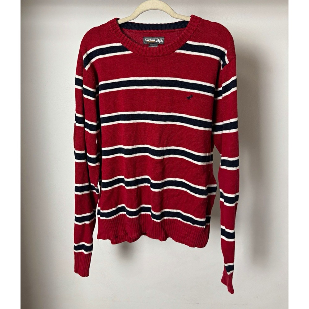 Y2K Urban Pipeline Mens XL Red Navy White Striped Cotton Knit Crewneck Sweater